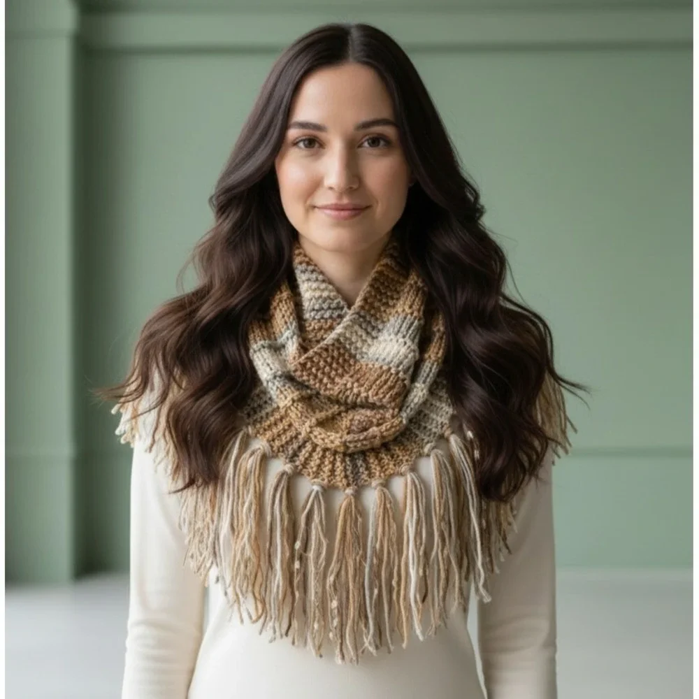 NEW Hand Knitted‎ Tan Gray Cream Boho Cowl Scarf Earthy Indie Artsy Cottagecore